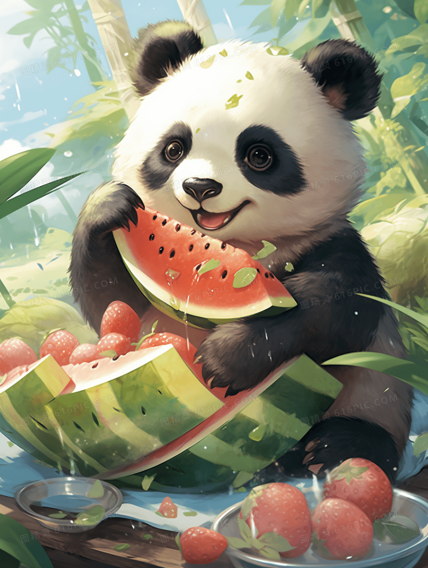卡通大熊猫吃西瓜保护动物插画
