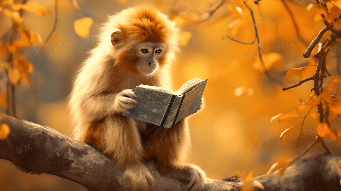 正在看书的金丝猴猴子插画