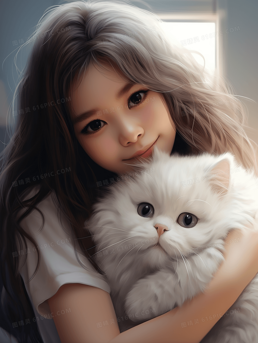 可爱女孩抱着猫咪插画