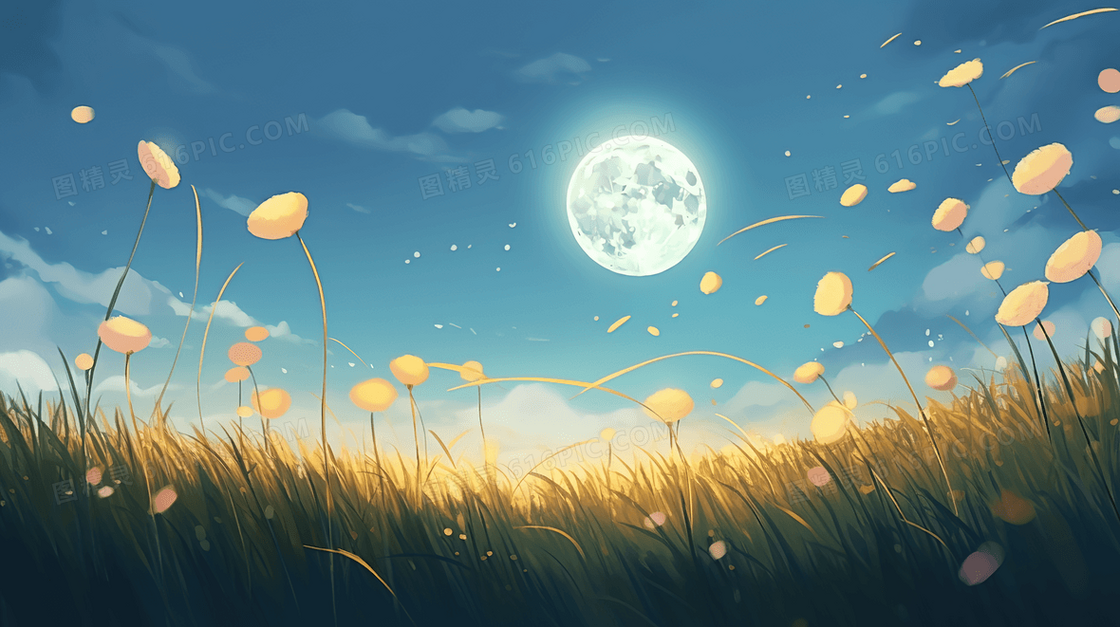 草原上的一轮圆月风景插画