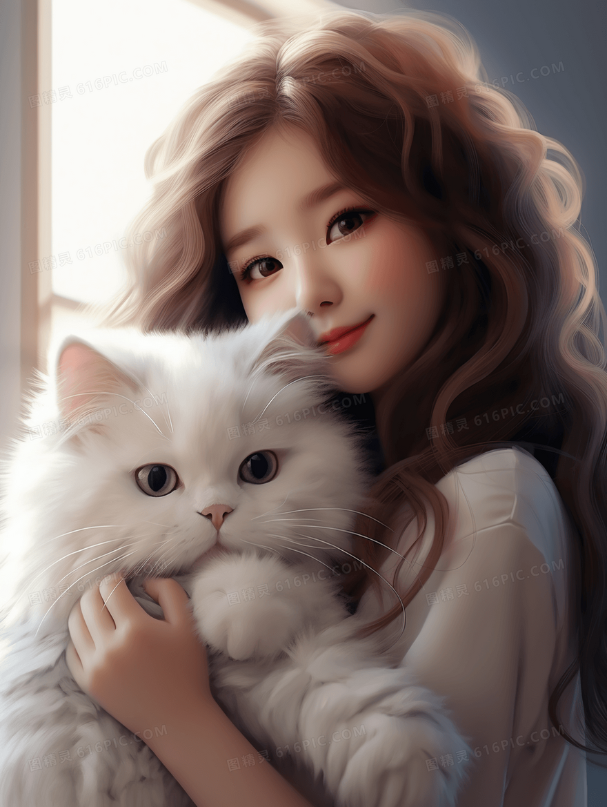 可爱女孩抱着猫咪插画