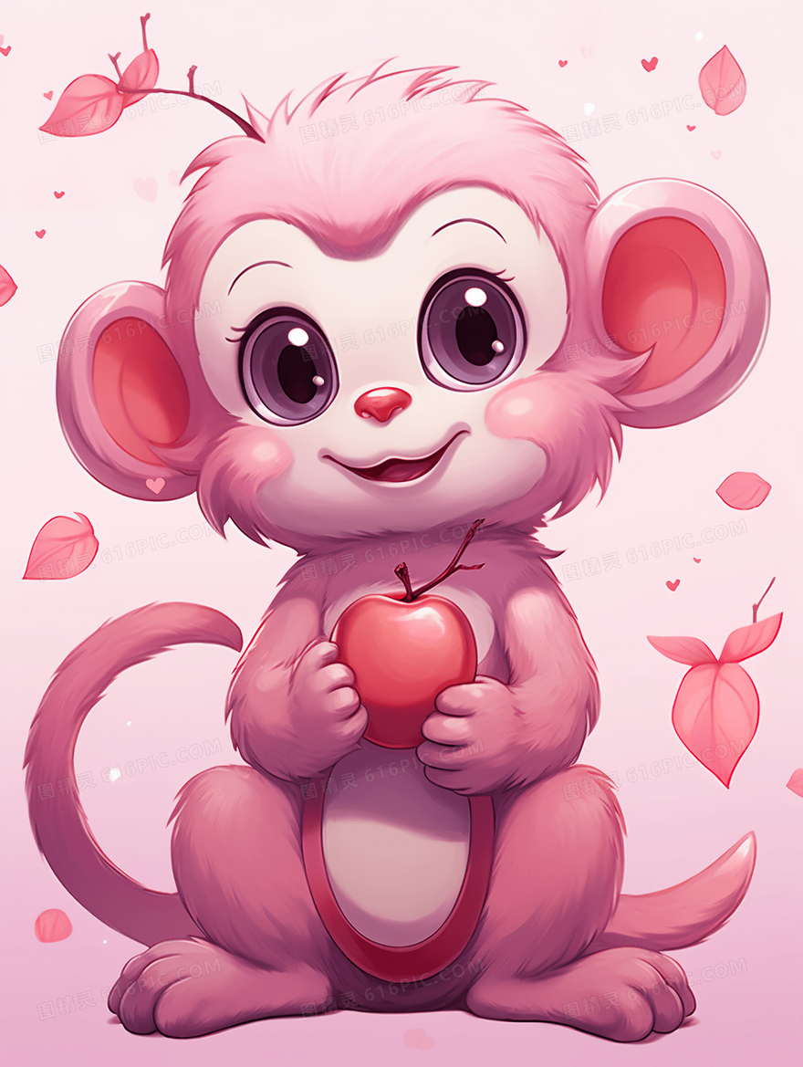 卡通可爱粉红猴子保护动物插画