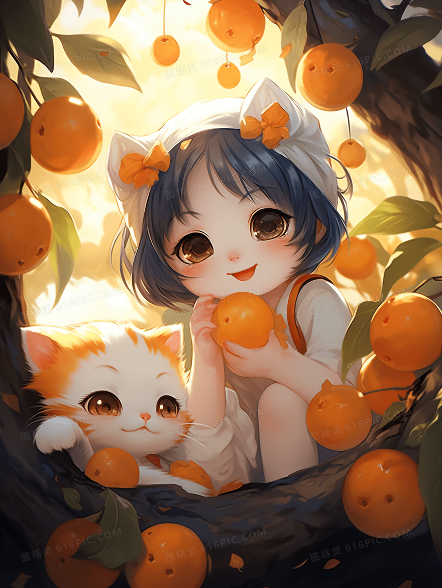 卡通可爱在橘子树上的猫咪和小女孩插画