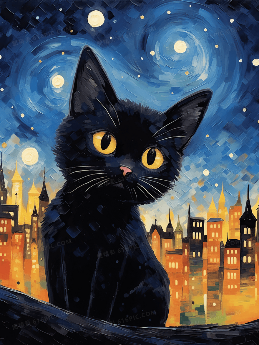 卡通可爱星空油画猫咪小猫保护动物插画