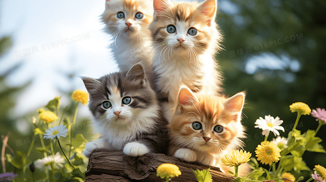 卡通可爱猫咪小猫花卉保护动物插画