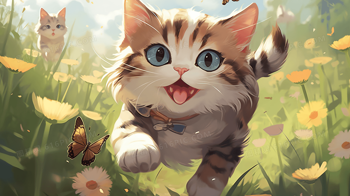 卡通可爱猫咪小猫森林草地保护动物插画