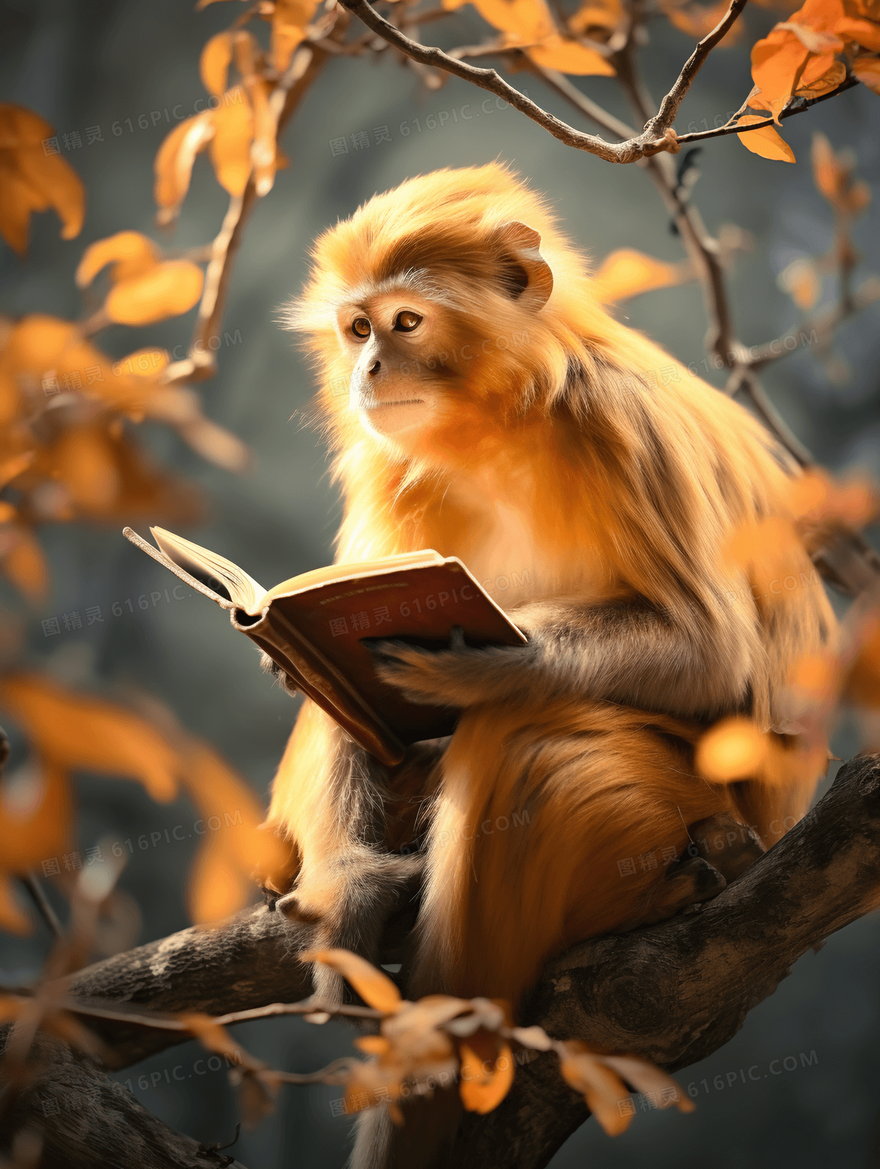 正在看书的金丝猴猴子插画