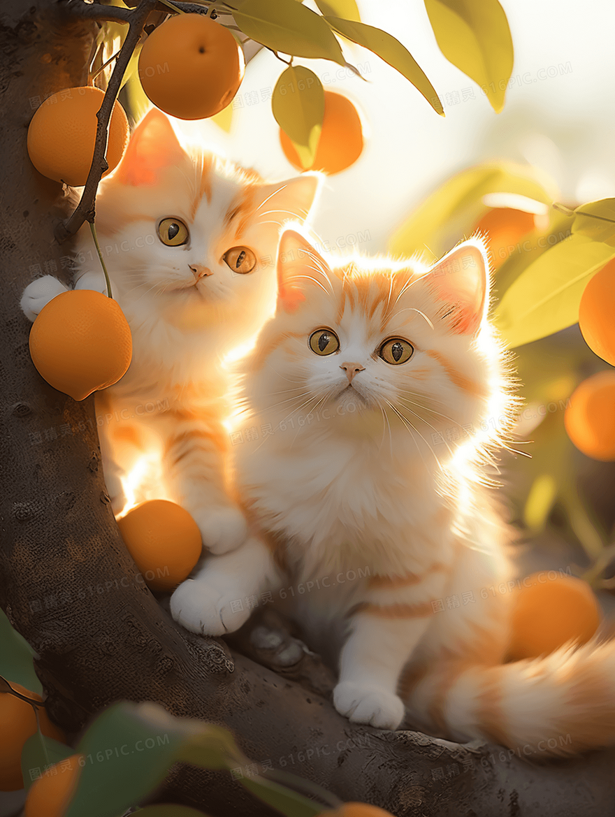 卡通可爱在橘子树上的猫咪插画