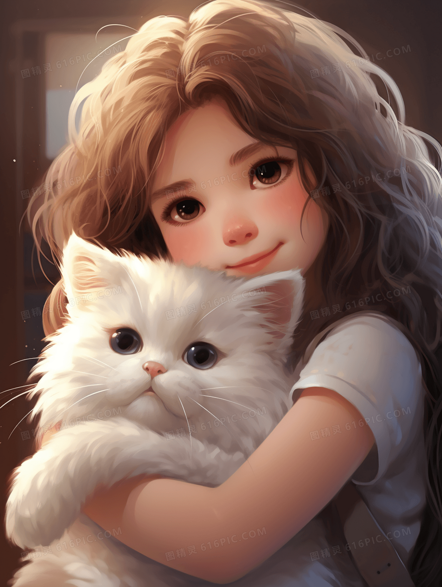 可爱女孩抱着猫咪插画