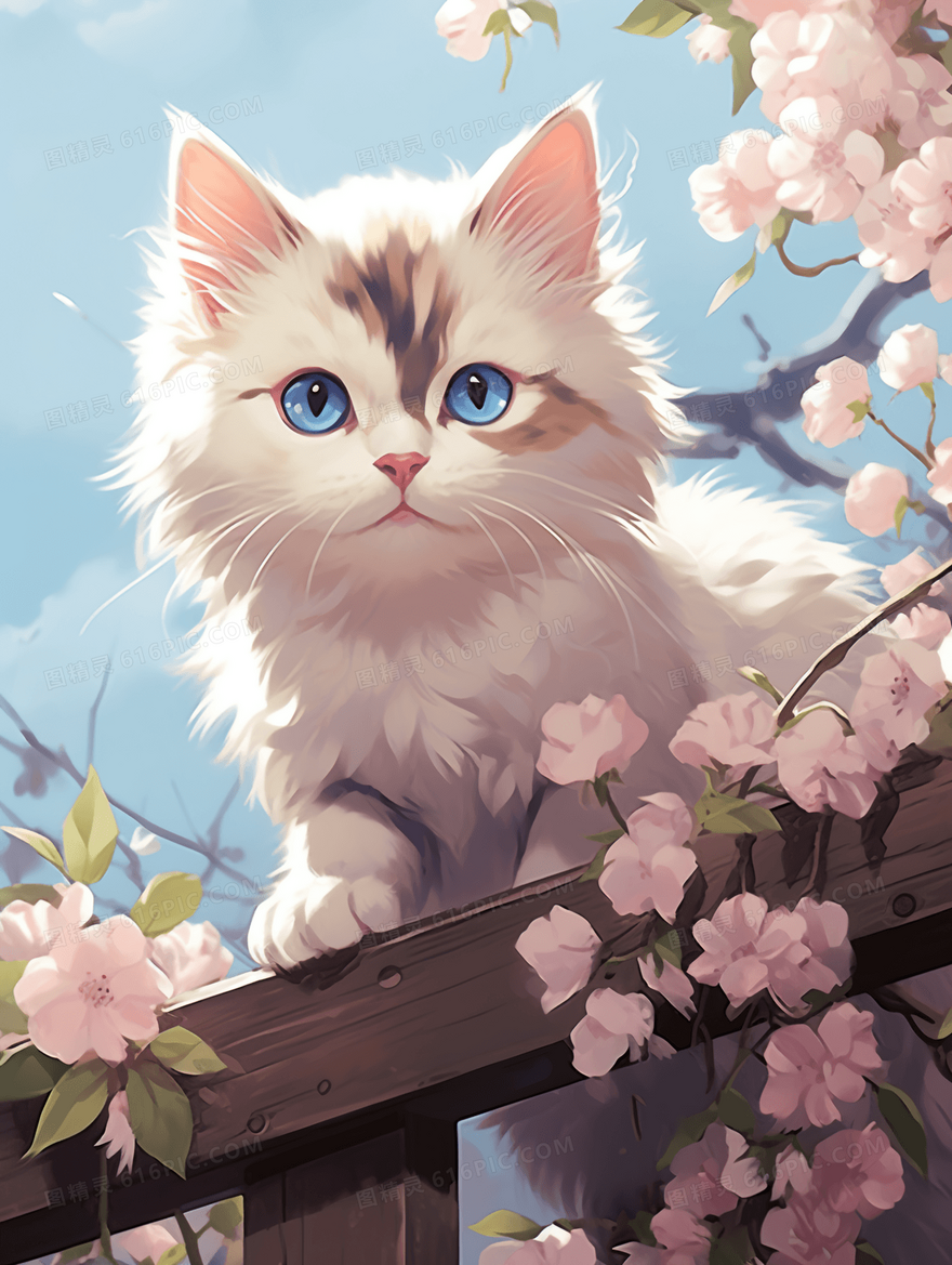 卡通可爱猫咪小猫花卉保护动物插画
