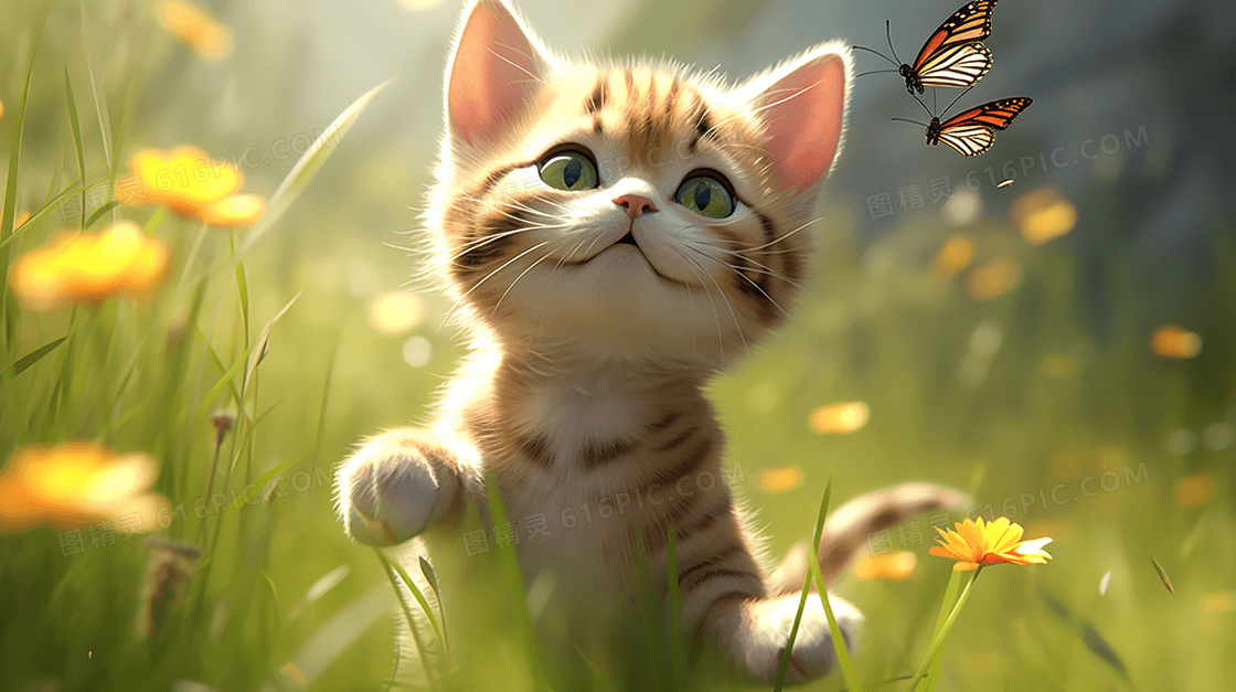 卡通可爱猫咪小猫森林草地保护动物插画