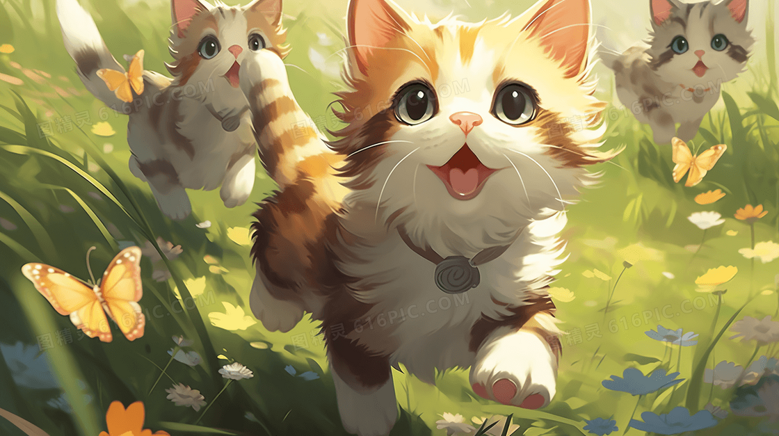 卡通可爱猫咪小猫森林草地保护动物插画