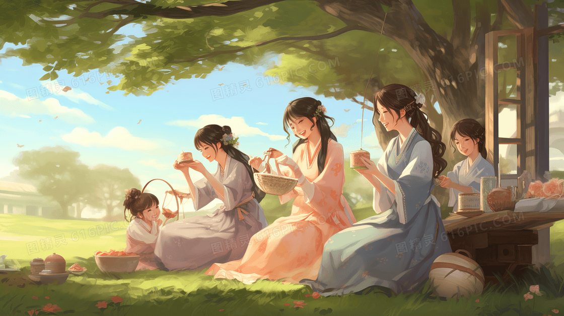 春天在草地上喝茶的国风女子们插画
