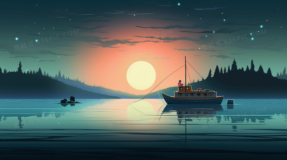 傍晚湖面上的轮船风景插画