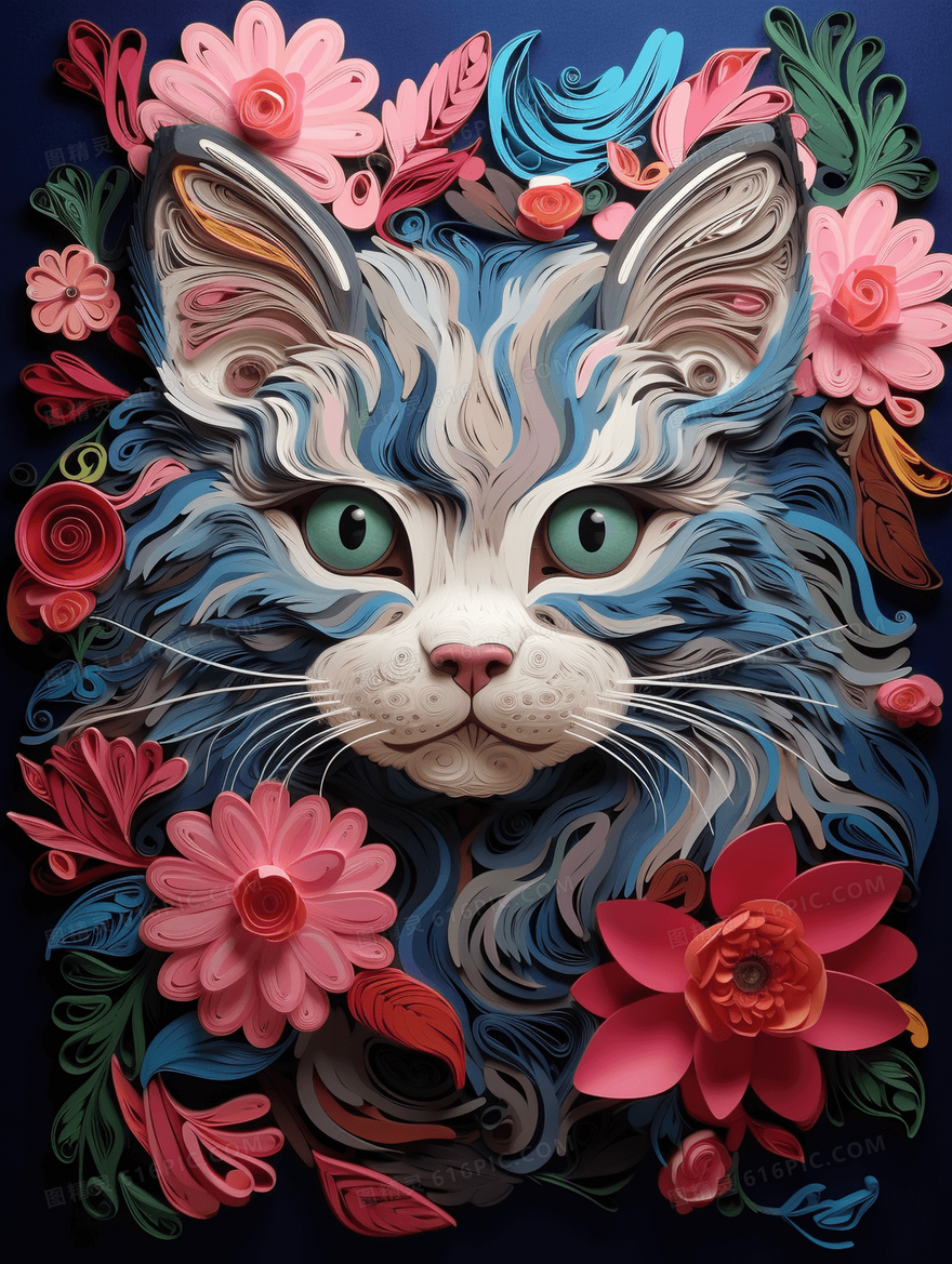 卡通可爱猫咪小猫花卉浮雕插画