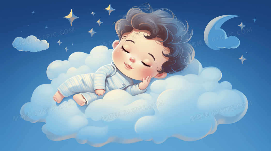 在云朵里睡觉的可爱宝宝插画