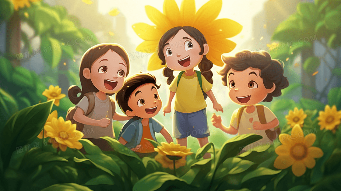 在向日葵花丛中玩耍的孩子们插画
