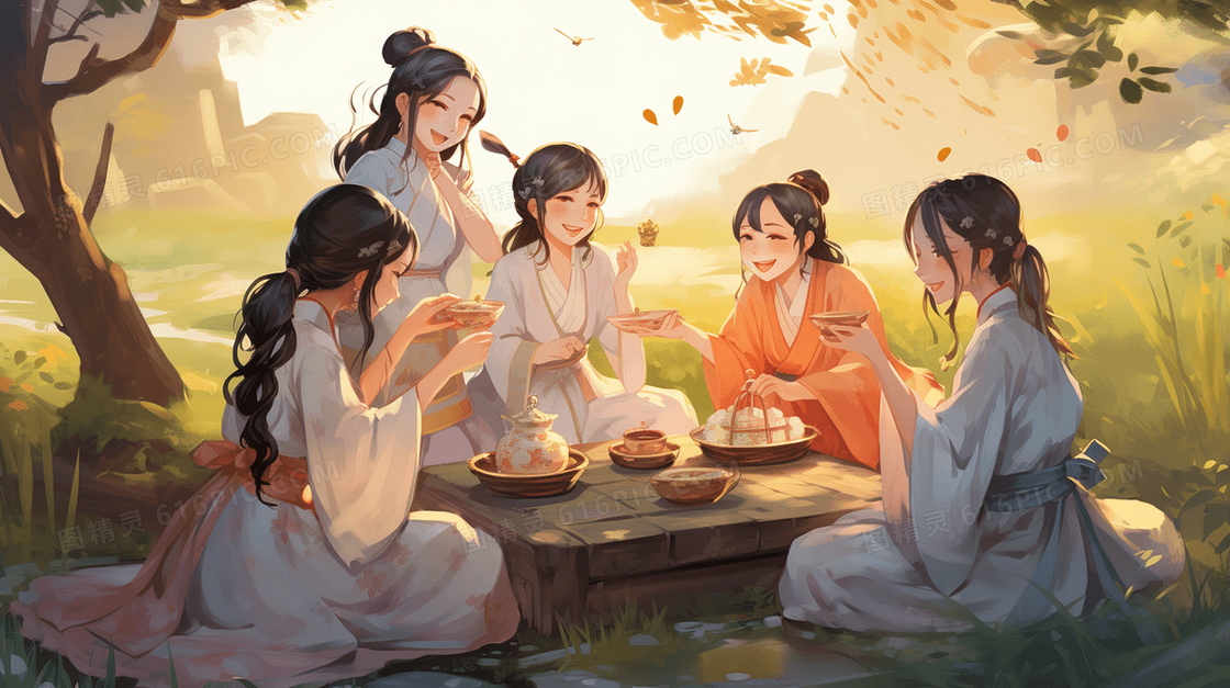 春天在草地上喝茶的国风女子们插画