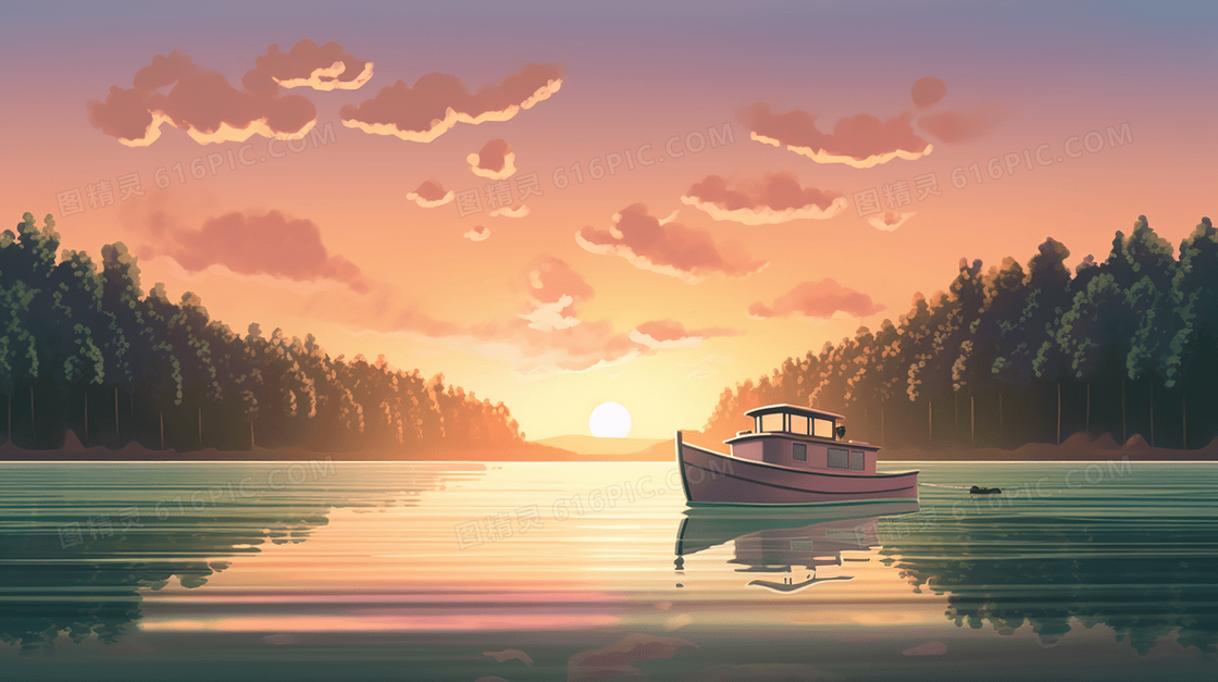 傍晚湖面上的轮船风景插画