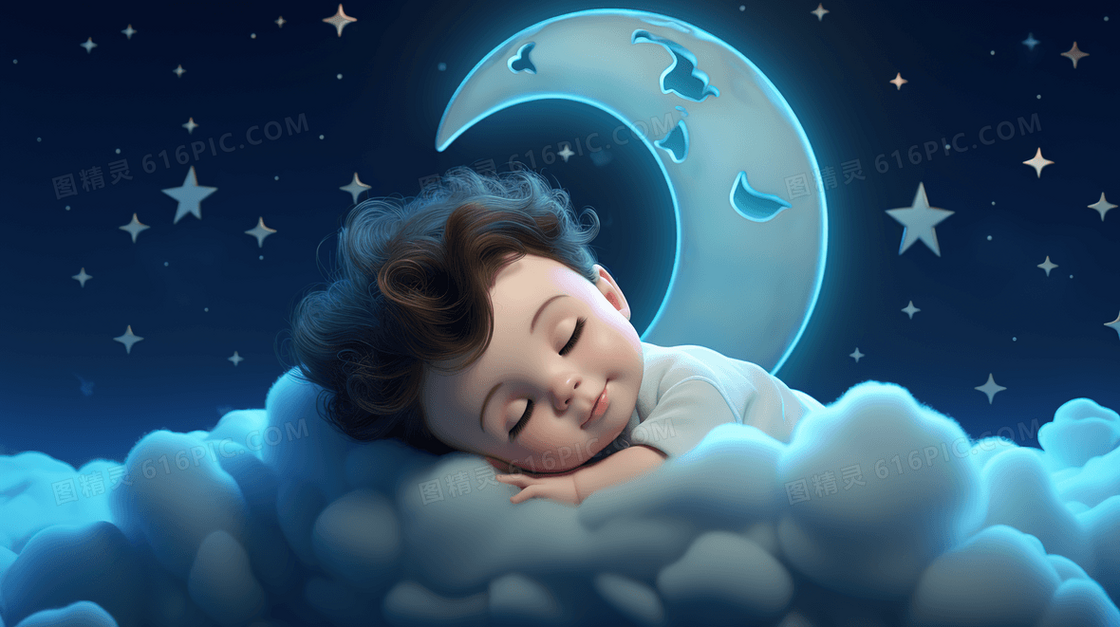 夜晚在星空月亮云朵上睡觉的C4D宝宝插画