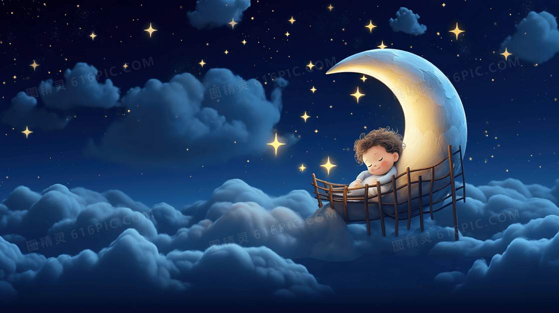 夜晚在星空月亮云朵上睡觉的宝宝插画
