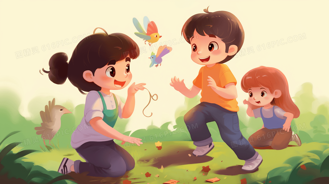 春季在户外草地上玩耍的孩子们插画