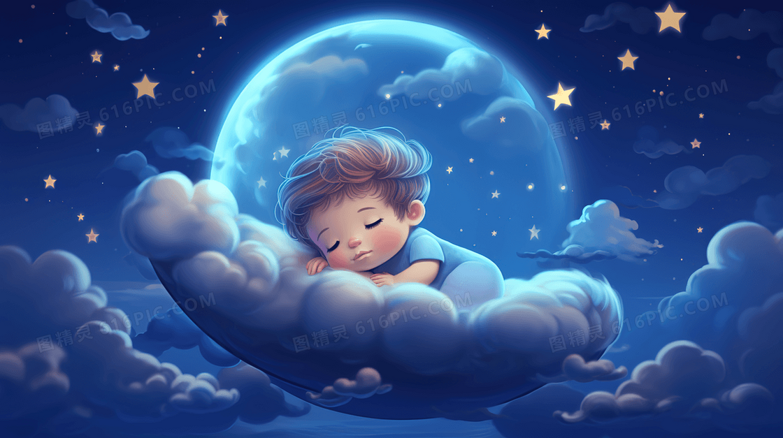 夜晚在星空月亮云朵上睡觉的宝宝插画