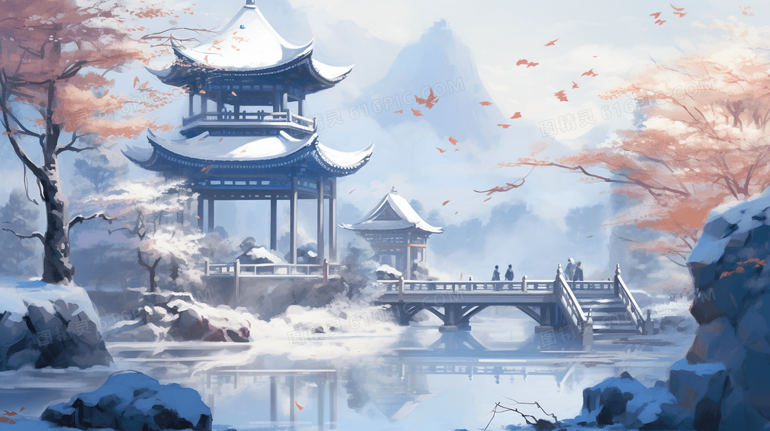 唯美中国风大雪节气雪景插画