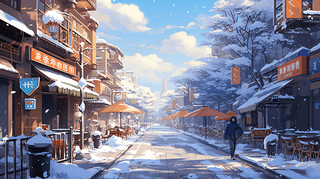 唯美冬季街景雪景插画
