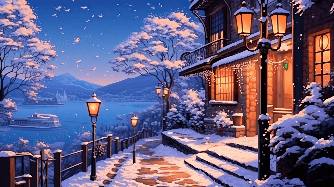 唯美冬季街景雪景插画