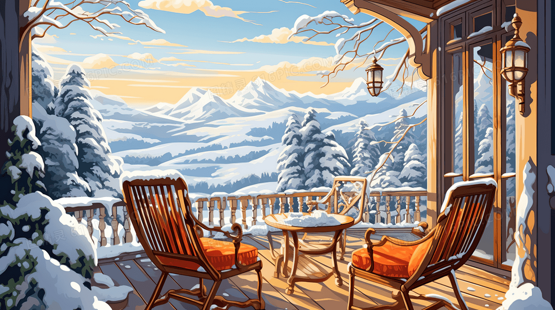 冬季窗外积雪雪景插画