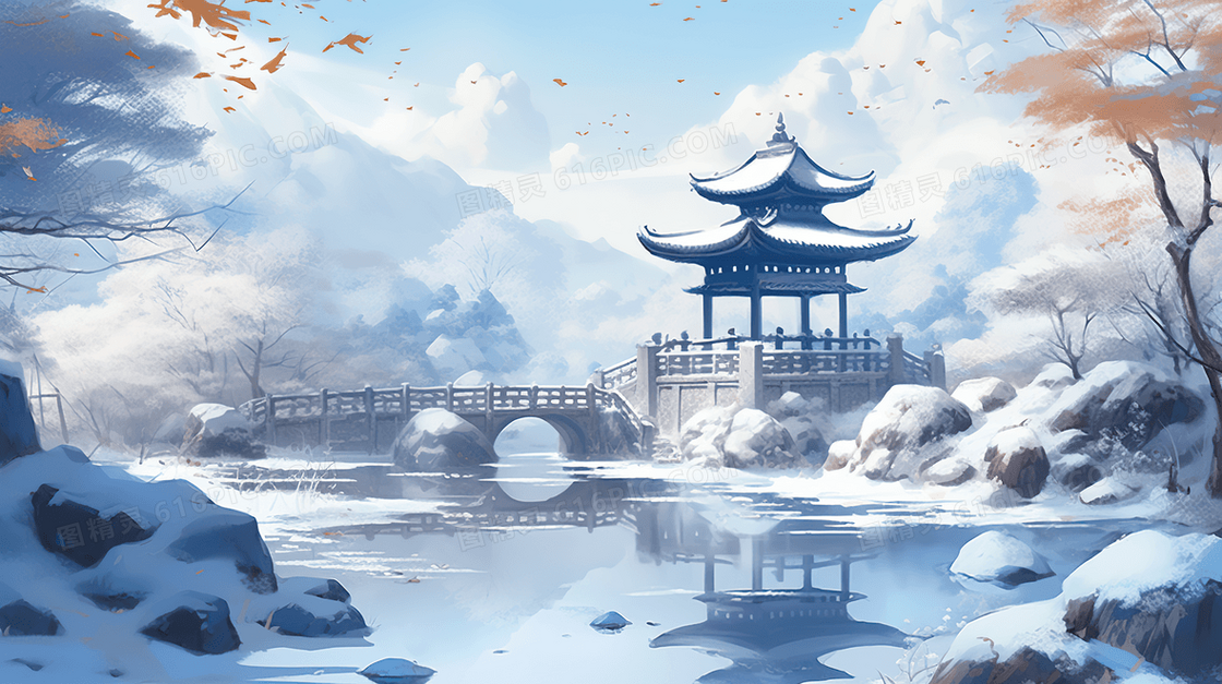 唯美中国风大雪节气雪景插画