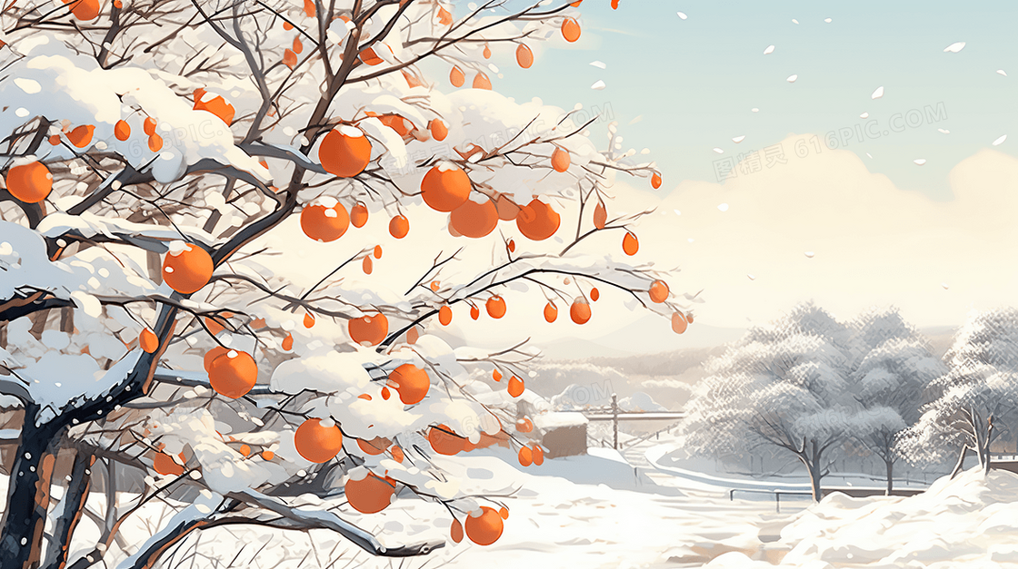 冬天被堆满积雪的柿子树插画