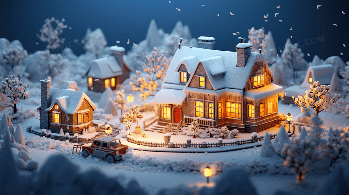 冬季C4D小屋积雪雪景插画