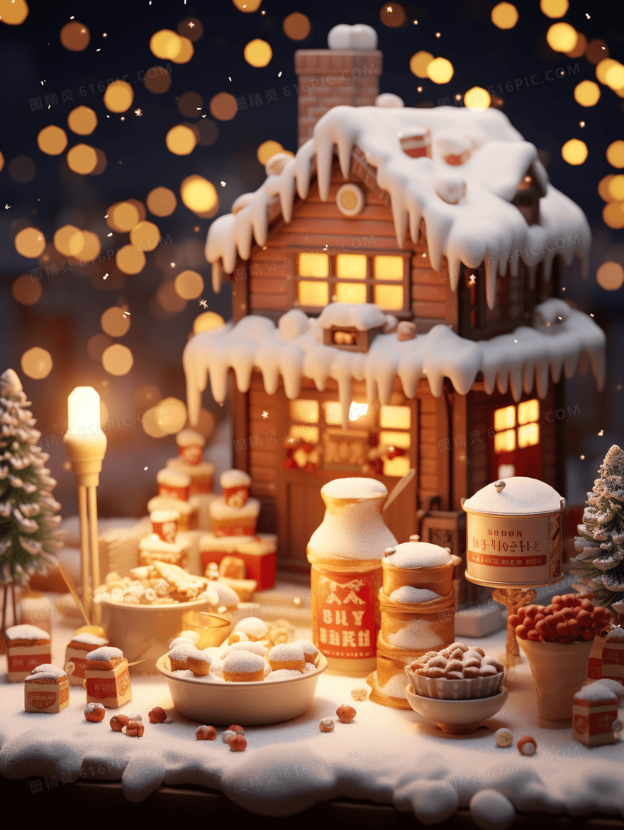 冬季C4D房屋外雪景插画