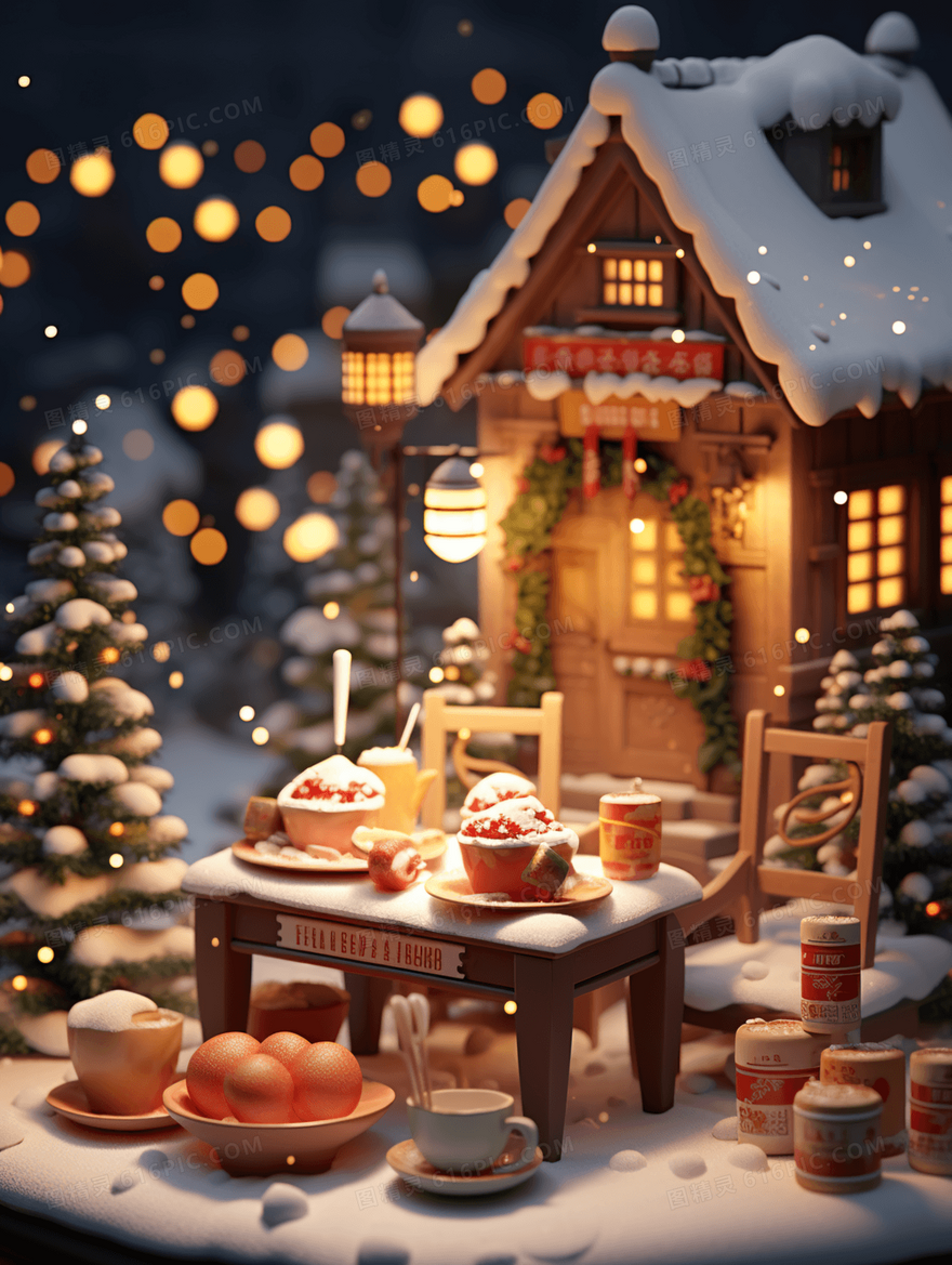 冬季C4D房屋外雪景插画