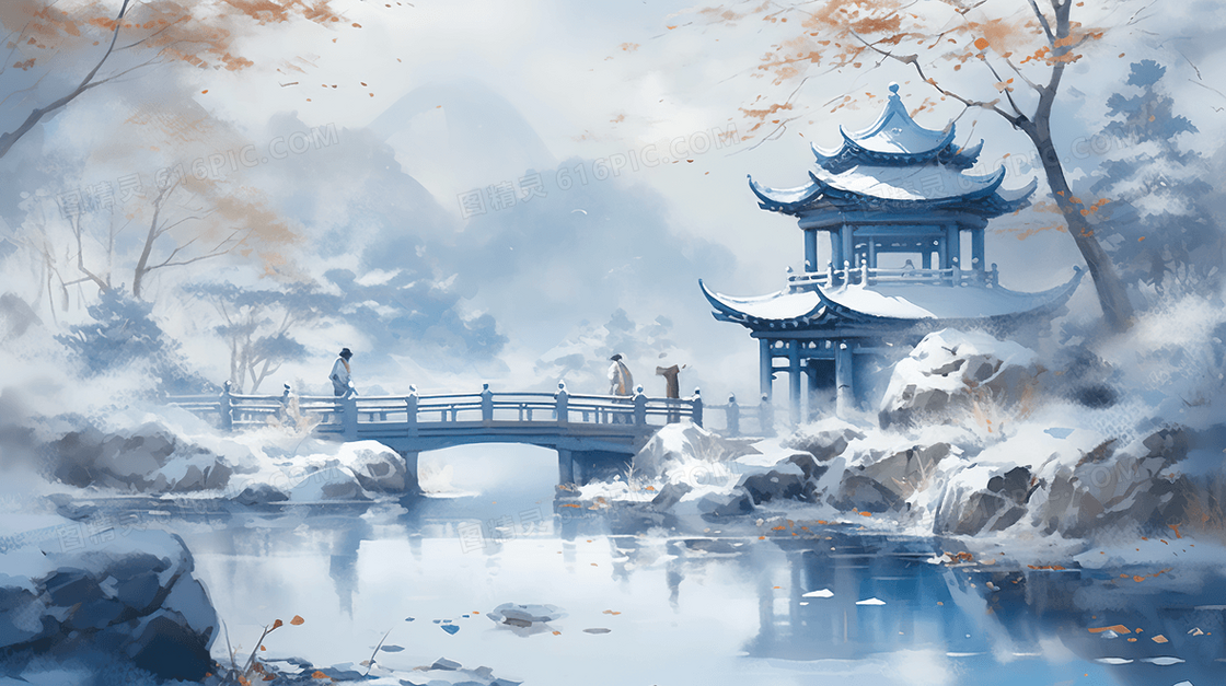 唯美中国风风景建筑插画
