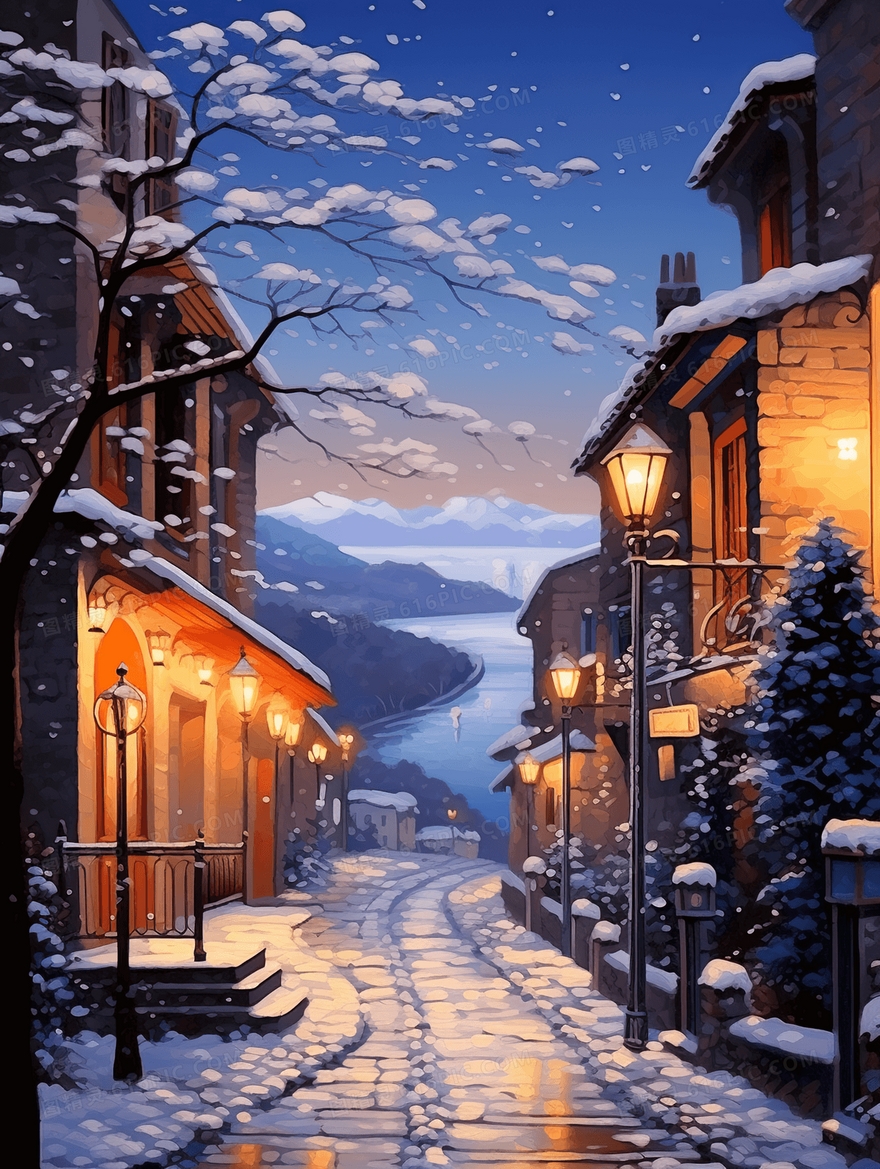 唯美冬季街景大雪节气雪景插画
