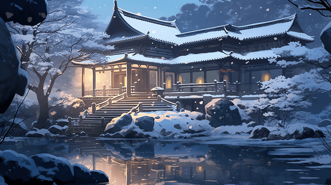 唯美中国风大雪节气雪景插画