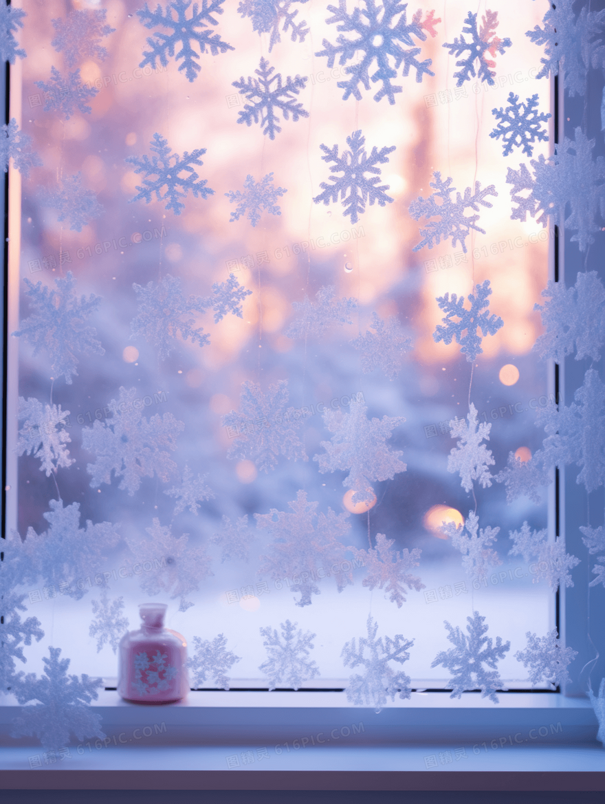 唯美窗外雪花雪景插画