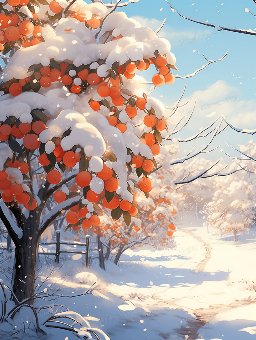 冬天被堆满积雪的柿子树插画