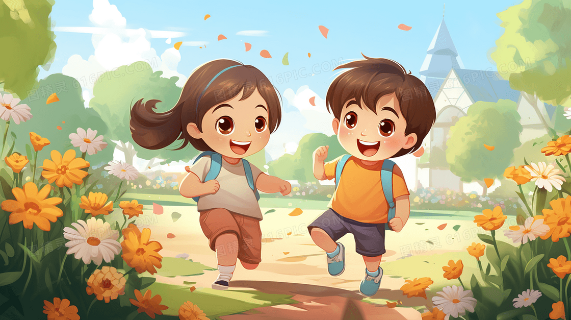 公园里玩耍庆祝儿童节的两个小孩插画