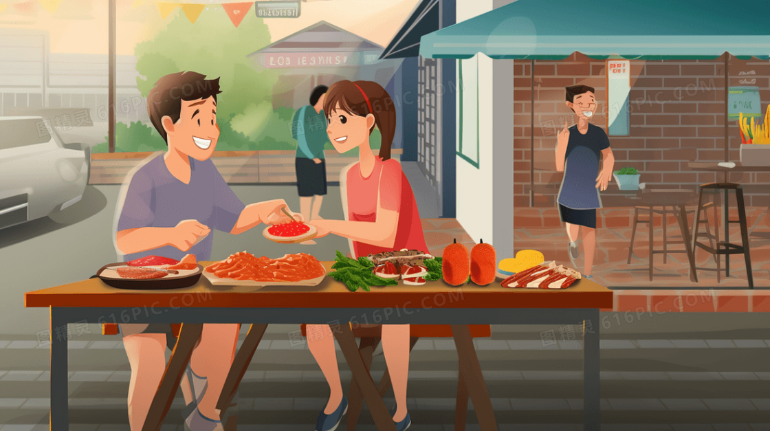男生女生聚餐插画