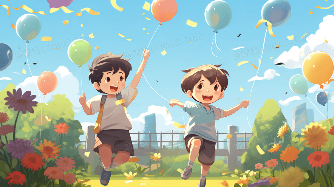 公园里玩耍庆祝儿童节的两个小孩插画