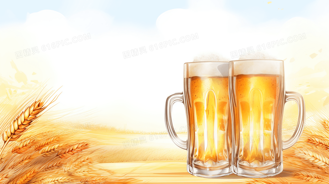 户外两杯清爽的啤酒插画