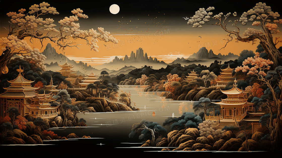 中式中国风古代建筑秋天山水风景插画