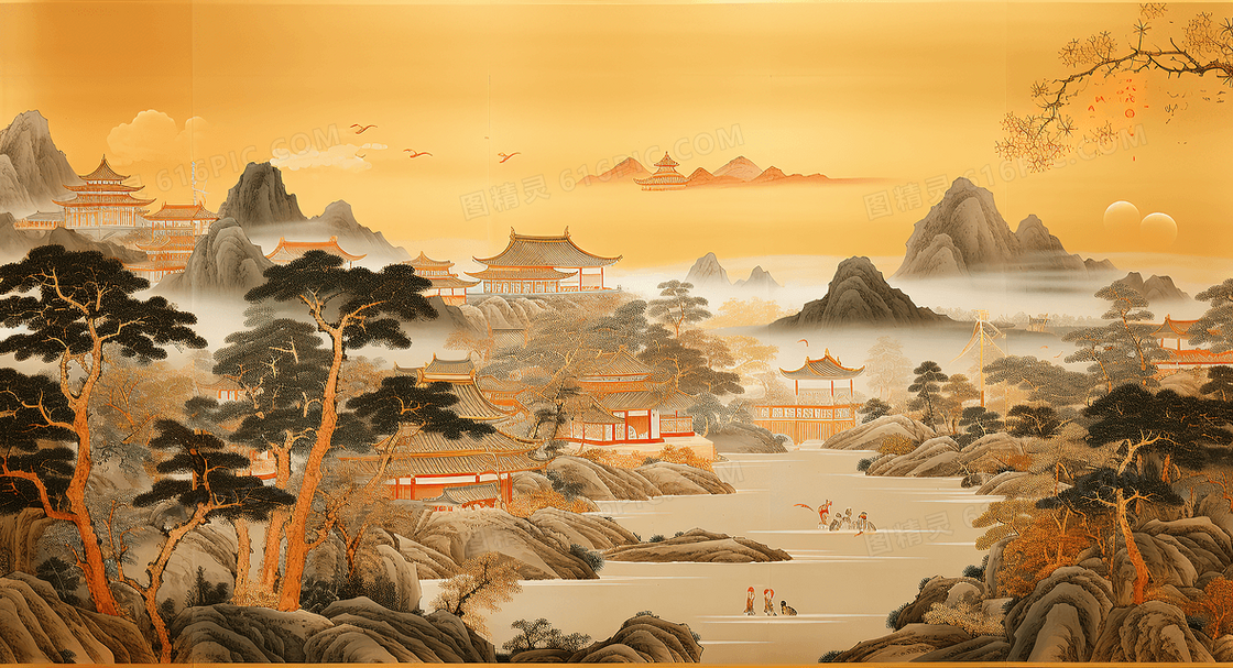 中式中国风古代建筑秋天山水风景插画