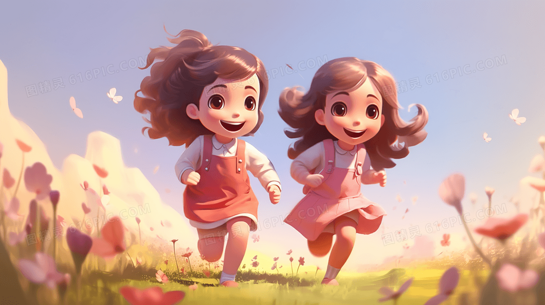 在草地上奔跑玩耍的两个小女孩插画