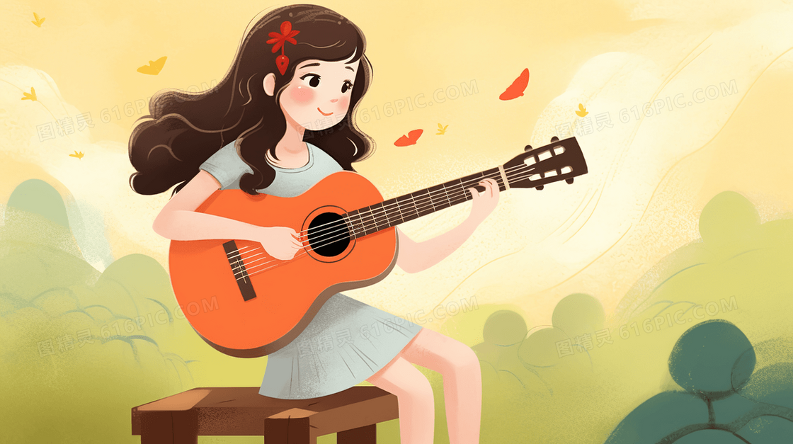 坐在户外弹吉他的女孩插画