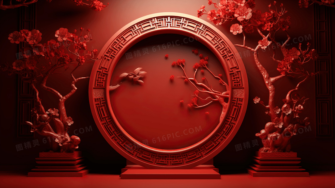红色中国风新年电商C4D展台2024插画